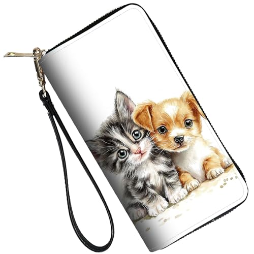 Image of RFID Blocking Leather Wallet for Women - Large Capacity Zip Around Clutch with 8 Card Slots,35 Cash Pockets & Coin Zipper,Cute Cat and Dog Watercolor Art