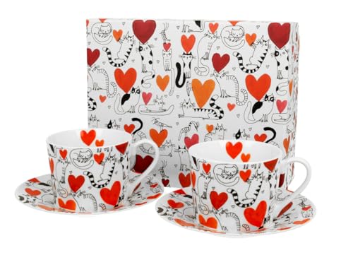 DUO Porcelain Set 2 Tazas con Platos - Gatos amorosos - Porcelana New Bone China