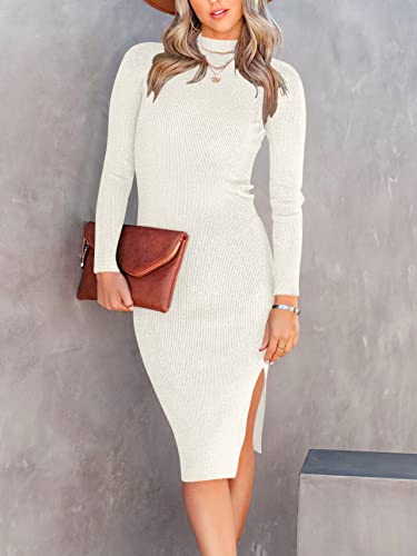 Anrabess Women 2023 Fall Sweater Dress Turtleneck Long Sleeve Sexy Slim Fit Slit Boydcon Midi Dresses For Elegant Wedding Guest 308Bai-L White #TOP4