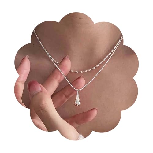 Andelaisi Boho Layered Teardrop Pendant Necklace Vintage Rice Bead Choker Silver Waterdrop Tiny Chain Adjustable Water Drop Jewelry for Women