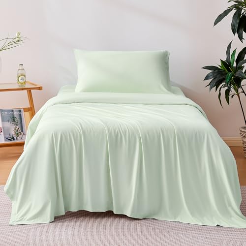 Image of Amazon Basics Cooling Sheets, 3-Piece Bed Sheet Set for Summer, Soft and Breathable for Hot Sleepers, Bedding with 1 Deep Pocket Fitted Sheet, 1 Flat Sheet, and 1 Pillowcase, Twin, Aloe Green