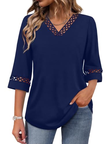 Image of WIHOLL Womens Tops Eyelet Lace V Neck 3 /4 Bell Sleeve Blouses Dressy Casual Work Shirt 2026 Summer Fall Fashion Clothing