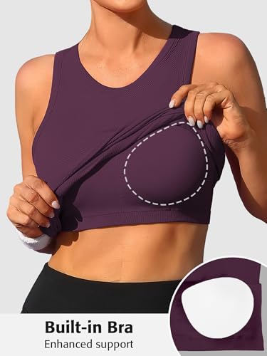 Image of ATTRACO Ribflex Workout Tank Tops for Women Seamless Full Length Gym Tops Athletic Yoga Top Built in Bra