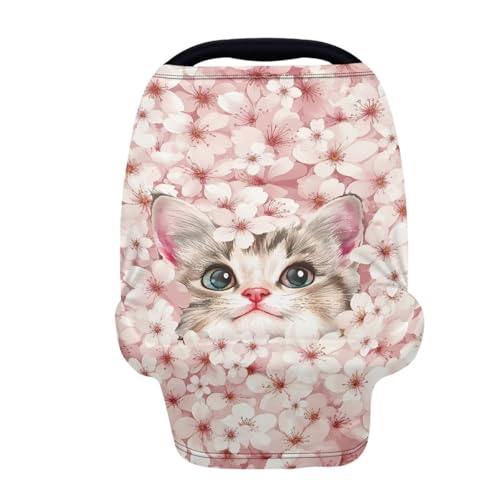 Image of Cat Car Seat Cover for Baby Carseat - Cherry Blossom Infant Car Seat Cover for Sun - Breathable, Soft and Lightweight Car Seat Canopy