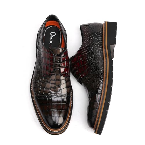 Image of Leather Oxfords Business Formal Brogue Dress Shoes, Two Color Mix /Crocodile Pattern