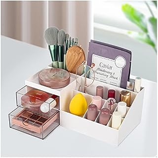 DoubleCare Makeup Organiser Storage With Drawers, Desk Tidy Organiser/Makeup Brush Holder, Bedroom Cosmetic Organiser for Perfume,Eyeshadows,Lipstick, Nail Varnish, Sundry and Jewelry (white)