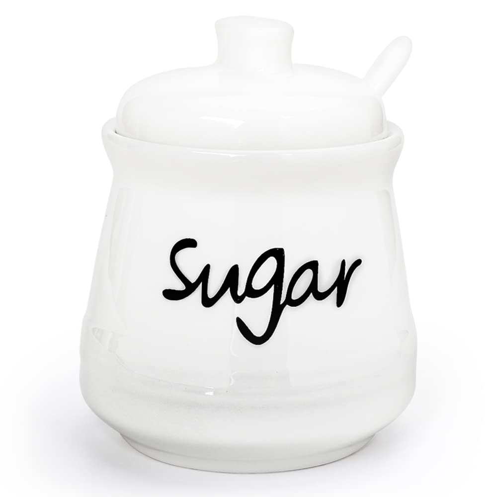 Sugar Bowl Porcelain with Lid and Spoon, 355 ML/12 OZ, Ceramic Sugar Storage Jar, Sugar Salt Pot Seasoning Canister Suit for Coffee Bar, Restaurant, Home, Kitchen