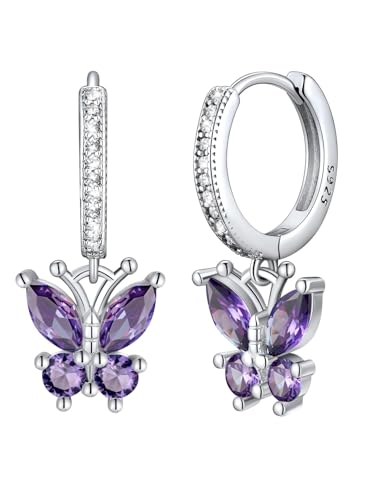 SILVERCUTE 925 Sterling Silver Butterfly Earrings - Hypoallergenic Birthstone Earrings for Women, Butterfly Dangle Earring,Dainty Birthday Gifts for Women/Her