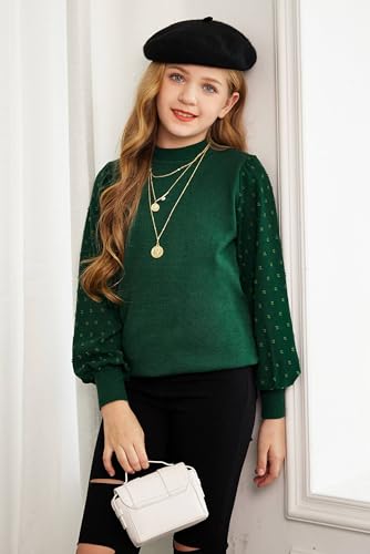 Image of Arshiner Girls Puff Long Sleeve Sweaters Crewneck Lace Polka Dot Casual Knit Tops Pullover Jumper Outwear for Kids