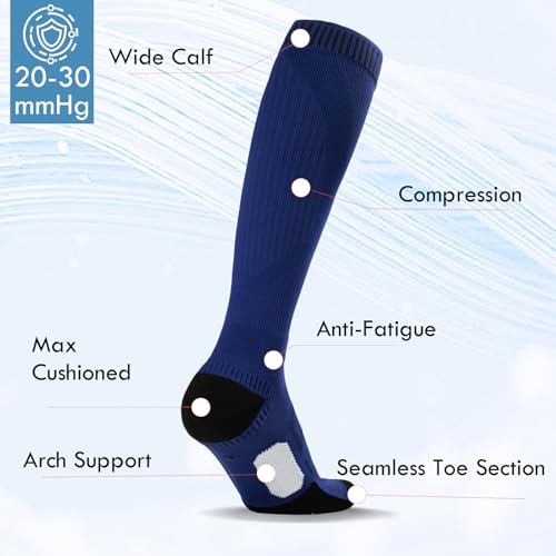 Image of Merino Wool Compression Knee High Running Socks 2 Pairs 15-20 mmHg Cushion Moisture Wicking Hiking Nurse Travel