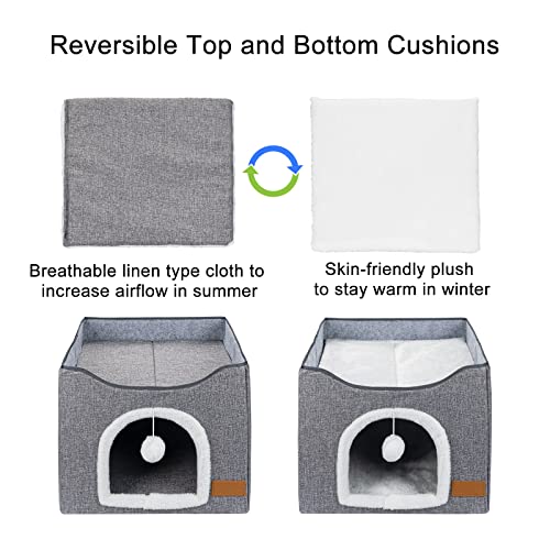 Cat Bed For Indoor Cats, Cat House With Durable Scratching Board And Dangling Toy Ball, Foldable Cat Condo With Reversible Cushions And Large Opening (Grey) #TOP3