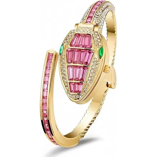 Image of Women's Gold Bracelet Watch | Snake Coil Cuff Style | Crystal Studded Oval Dial | Elegant Jewellery Watch for Women & Girls | Party, Wedding & Festive