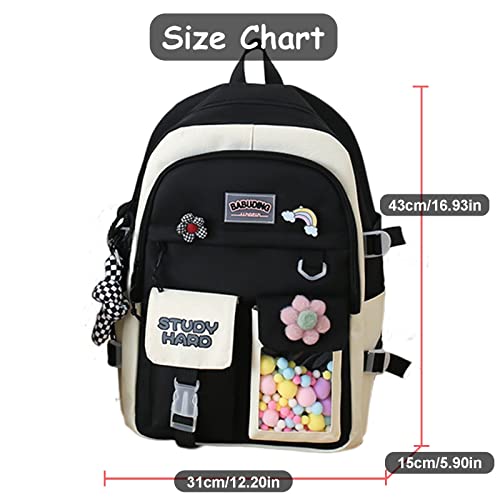 Kawaii Backpack 5Pcs Set for Student with Cute Knot Accessories - School Bags for Teen Girls Back to School Supplies Essentials Aesthetic Bookbag, C Black - One size