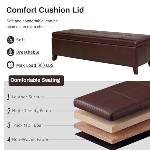 Image of Brown Ottoman with Storage 51 inch Faux Leather Storage Ottoman