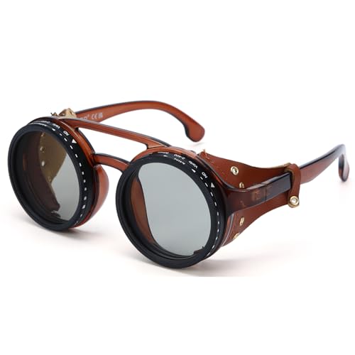Minedmh Adjustable Tint Steampunk Sunglasses ND Filter UV400 Polarized Retro Round Shades Leather Side Shields (Coffee Brown)