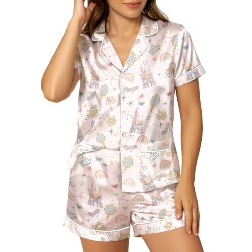CENCORY Women Short Pajama Set, Satin 2 Piece Button Down Pjs for Fall Princess L