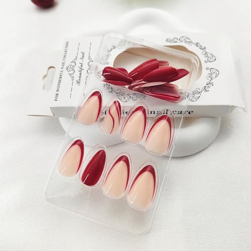 Red French Tip Press on Nails Almond Fake Nails Medium Acrylic Nails Press ons Red Lines Artificial Full Cover Glossy Stick Glue on Nails for Women 24 Pcs