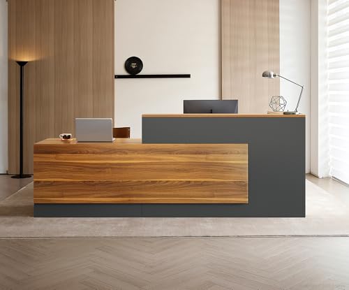 87-Inch Two People L-Shaped Reception Desk, Dark Walnut & Iron Gray