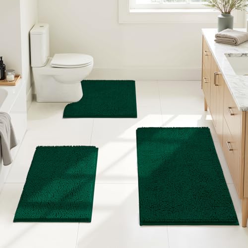 HOMEIDEAS 3 Pieces Bathroom Rugs Ultra Soft Non Slip Absorbent Chenille Toilet Bath Mat Set (Dark Green)