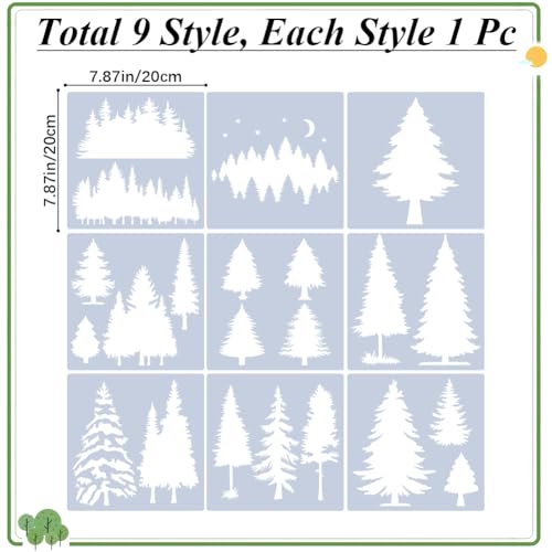 GORGECRAFT 9Pcs Christmas Tree Plastic Stencil Pine Drawing Template Winter Holiday Fir Trees Woodland Painting Templates for DIY Art Crafts Furniture Canvas Wood Home Decoration 19.8x19.9cm - Image 2