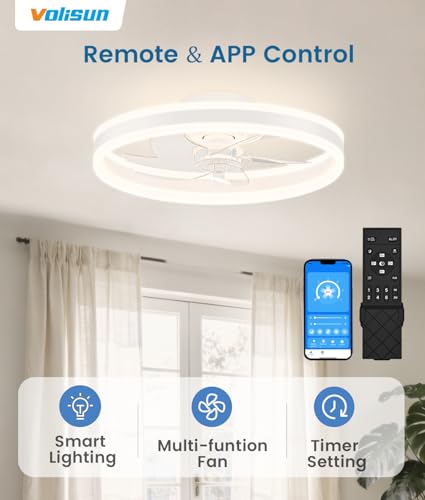 Image of VOLISUN Low Profile Ceiling Fans with Lights and Remote, 20in Flush Mount Ceiling Fans with Light, 3000K-6500K Dimmable Fandelier LED Fan Light, White Bladeless Ceiling Fans with Lights for Bedroom