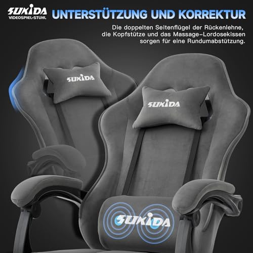 SUKIDA Gaming Stuhl Stoff, Ergonomischer Gaming Chair mit Fußstütze, Verstellbarer Racing Computerstuhl mit Lordosenstütze… – Ansicht 3