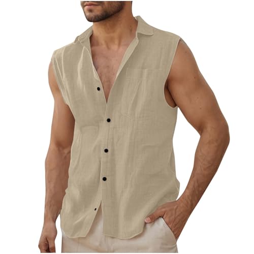 Dmmtot Camisas de lino sin mangas para hombre, ajuste regular, casual, con botones frontales, camisas de playa, ligeras, cuello con bandas, camisetas deportivas ajustadas, culturismo, atléticas, para
