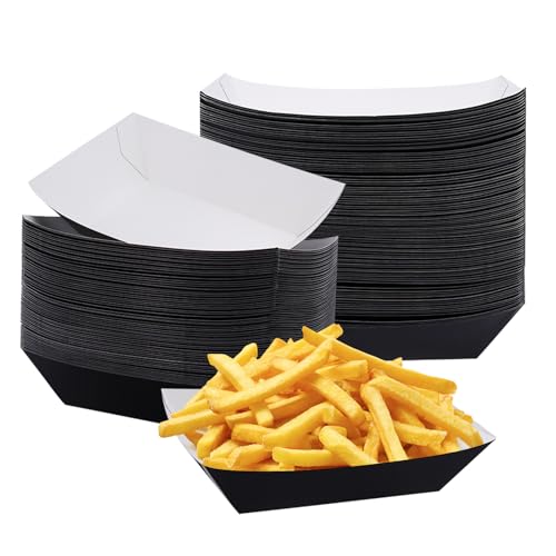 Goalfly 100 Pack 3lb Paper Food Trays, Disposable Nacho Trays, Kraft Paper Food Boats (Black)