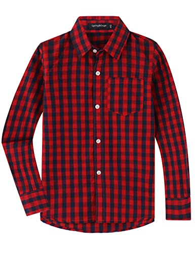 Spring&Gege Camisa de vestir de popelina de manga larga para niños, Cuadros grandes rojo/azul marino, 13-14 Años Cover