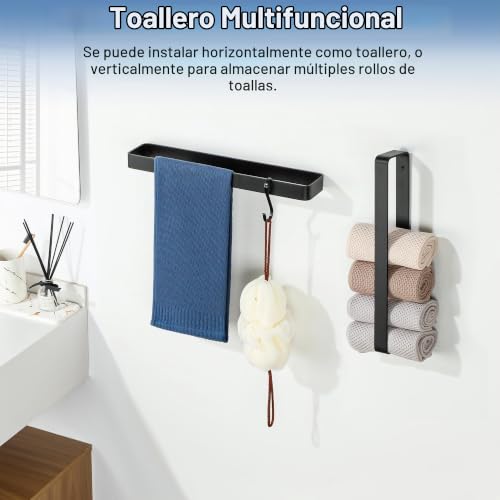 Miniatura 6 de Sayayo Toalleros De Baño 40cm, Toallero Negro Aluminio, Colgador Toalla Baño Para Baño Y Cocina Toallero Pared Instalación Perforada