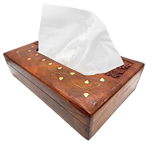 IndiaBigShop Large Handmade Decorative Tissue Dispenser Rectangle Box Vintage Wood Toilet Tissue Box Holder with Brass Inlay and Carving Work 10 X 6 Inch