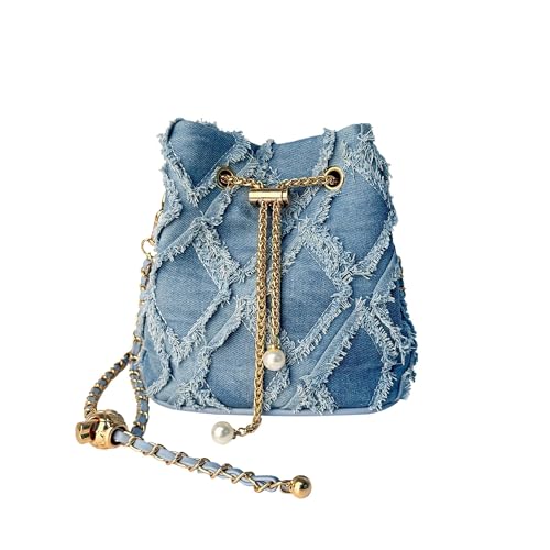 Eiyye Denim Bucket Bag Quilted Jean Purse for Women Hobo Crossbody Handbag, Washed Blue Shoulder Bag with Adjustable Chain Strap