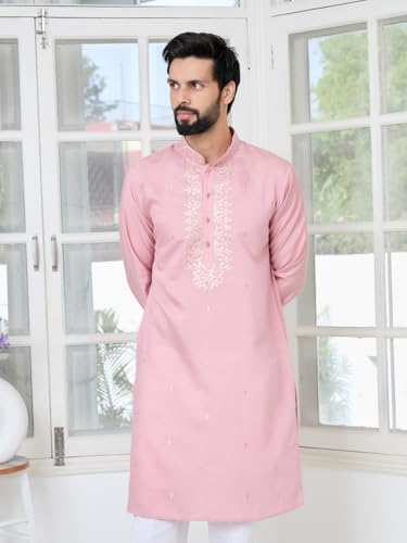Image of See Designs Men's Full Sleeve Mandarin Collar Sequins Embroidered Chanderi Straight Long Kurta with Yoke Design - Festive Collection