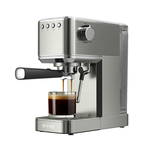 EVVO Caffettiera Express Intensa, Pressione 20 bar, Corpo in Acciaio, Espressi e Capuccini, 1350 W, Doppia uscita, Portafiltri, Serbatoio da 1,2 l, Riscaldamento Rapido (Steel, Senza Manometro)