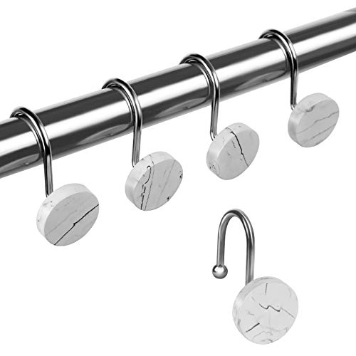 Shower Curtain Hooks, Marble Decorative Shower Curtain Rings, Rust Resistant Metal Shower Hooks for Bathroom, Glide Shower Rings for Shower Curtain and Liner, Set of 12 for Shower Rod (Chrome)