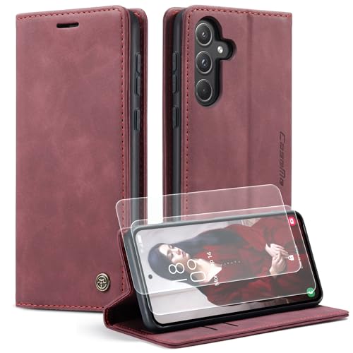Yihaoyard Coque pour Samsung Galaxy A55 5G Housse en Cuir Premium Pochette Protection avec Rabat Porte Carte Magnétique Fonction Stand Étui pour Samsung Galaxy A55-2 Verre Trempés (Vin Rouge)