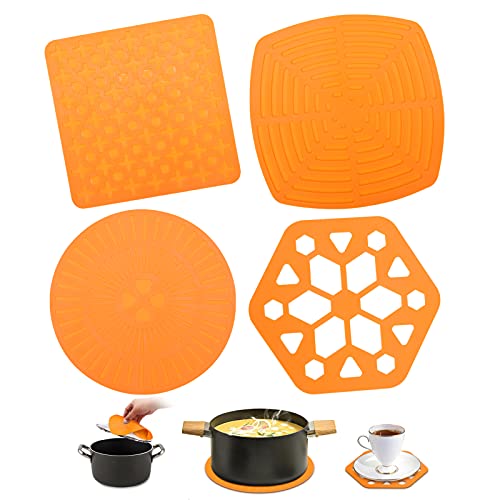 Silicone Trivet 4pcs Kitchen Trivet Mats for Hot Pots and Pans Non Slip Heat Resistant Mats Flexible Silicone Hot Pads Pot Holder, Orange