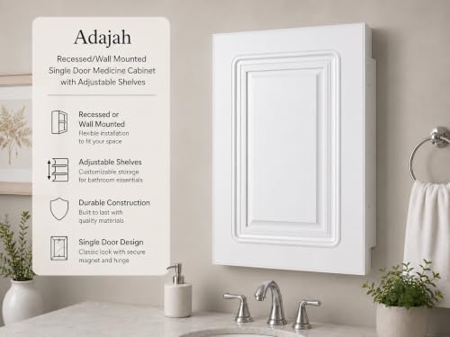 Mirrors and More 16 x 22 White Recessed Medicine Cabinet | Bathroom Storage Cabinet with Adjustable Shelves Rust-Proof Design with Wooden Door | Modern Beveled Edge Wall Mounted Medicine Cabinets