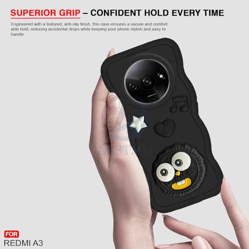 Image of AESTMO Back Case Cover for Redmi A3 | 3D Cute Fun Cartoon Characters | Anti Slip Grip Cute Wave Curly Frame Shape | Full Body Protection Back Cover for Redmi A3 | (Black)