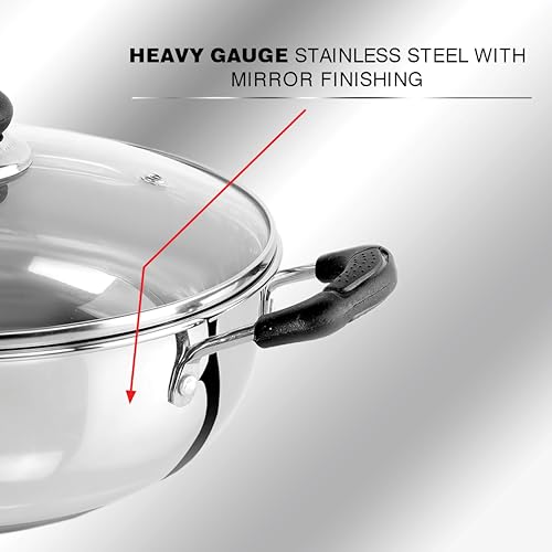 Image of CELLO Galaxy Steelox Stainless Steel Set of 3 Pieces Cookware Set Combo for Kitchen | Kadhai with Glass Lid 22CM + Milk Pan 14CM + Fry Pan 22CM Gas Stove Compatible Cookware for Daily Use & Gifting