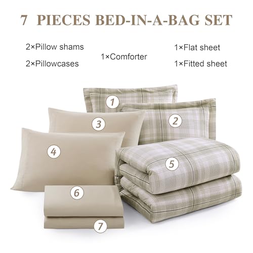 Image of MaiReve Plaid Queen Comforter Sets, Khaki Green Grid Farmhouse Bedding Set Bed in A Bag, Classic Checkered Comforter Sets with Fitted & Flat Sheet, Pillowcases & Shams 90 inchx90 inch