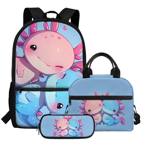 Coldinair Axolotl Little Girls Backpack for Elementary School Girls Kindergarten Backpack for Girls 17inch 3 Piece School Bag Set with Lunch Box Pencil Case Large Capacity Book Bag for Kids