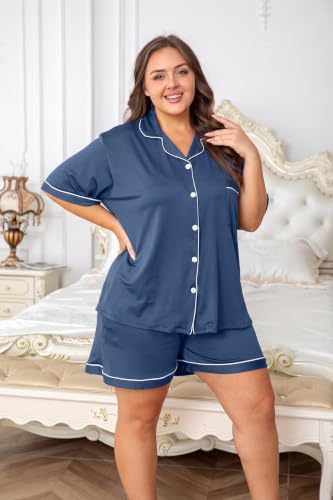 Image of Vozanet Women's Plus Size Button Down Pajamas Soft Lounge Sets Shorts with Pockets Bride Nighty Solid Soft Pjs 1x to 5x