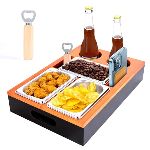 Sumotia CC001 - Mesa de bar de madera, dispensador de aperitivos con 3 cuencos de acero inoxidable y soporte para botellas, bandeja extraíble para sofá, caja de aperitivos y abridor, perfecto para