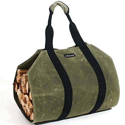 Infinicare Firewood Carriers with Handles - Heavy Duty Canvas Firewood Bag with Handles - Durable Wood Carrier for Firewood, Suitable for Indoor Fireplace and Outdoor Camping - Military Green
