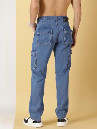 Image of Thomas Scott Men Comfort Relaxed Fit Clean Look Light Fade Pure Cotton Cargo Jeans, Mid Rise, Blue, 32