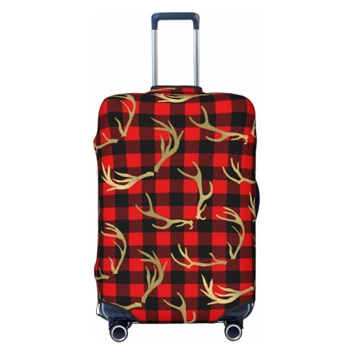 Red & Black Buffalo Plaid & Gold Deer Antlers Luggage Cover, Protective Washable Suitcase Cover - Travel High Elastic Fibers Suitcase Protector Fits Large
