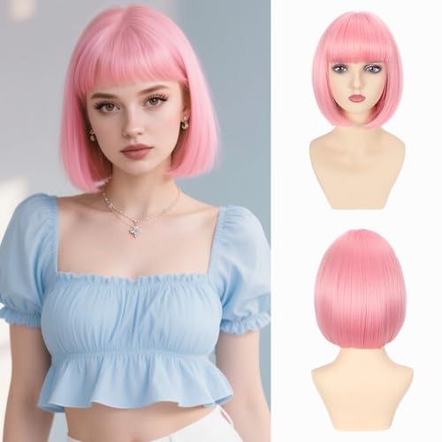 Pink Bob Wig with Bangs Short Straight Pink Wigs for