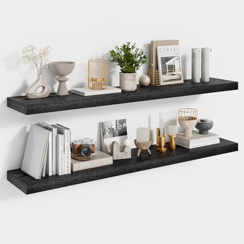 Feihorrm Wandregal Schwarz, Schweberegal 2er Set, Regal 90cm, Regal Wand mit unsichtbaren Halterungen, Wandregal Holz für Büro, Badezimmer, Schlafzimmer, Küche und Wohnzimmer
