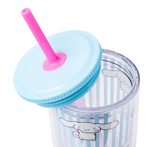 Image of Silver Buffalo Sanrio Hello Kitty Cinnamoroll, Tumbler with Straw, 20oz | Hello Kitty and Friends, Hearts and Blue Stripes, Plastic Cold Cup, Includes Lid, 0.59 Liters